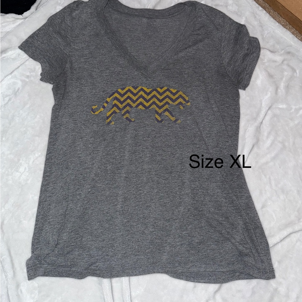Gray V-Neck Women's Top with purple and Gold Pattern